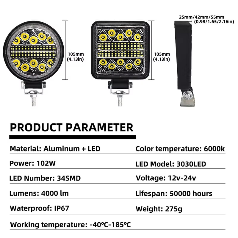 102w-12v-24v-square-round-led-work-light-for-truck-atv-off-road-04 102W 12V-24V Square Round LED Work Light for Truck ATV Off-Road