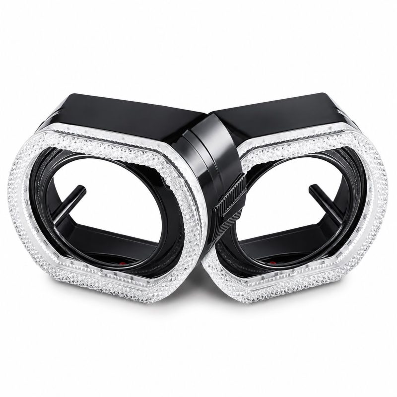 2 5 Inch Black Square Rgb Chasing Angel Eye Shroud Main 2.5 inch black square RGB chasing 5D angel eye projector lens shroud pair