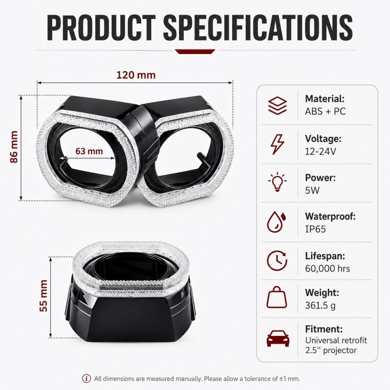 2 5 Inch Black Square Rgb Chasing Angel Eye Shroud Specifications 2.5 inch black square RGB chasing 5D angel eye shroud dimensions and specifications