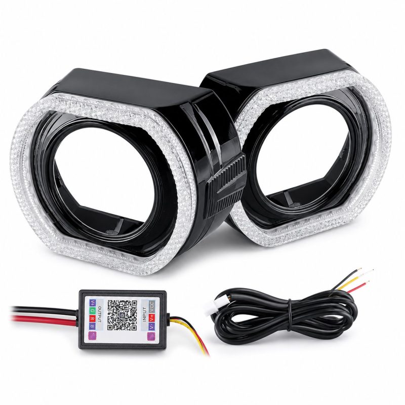 3 Inch Black Square Rgb Chasing Angel Eye Shroud Main 3 inch black square RGB chasing 5D angel eye projector lens shroud with controller