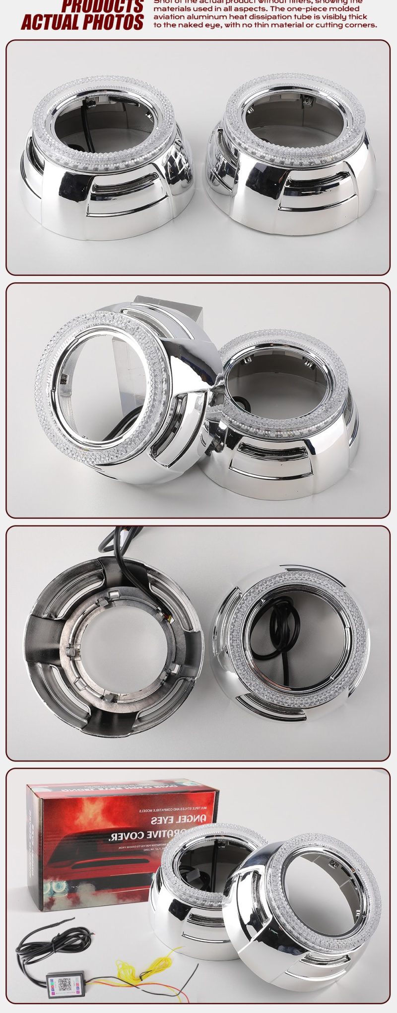 3 inch silver round RGB chasing angel eye shroud product views and package