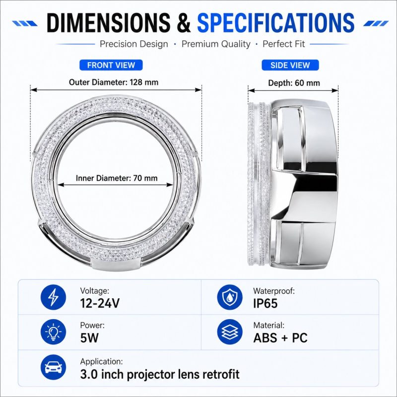 3 inch silver round RGB chasing 5D angel eye shroud dimensions and specifications