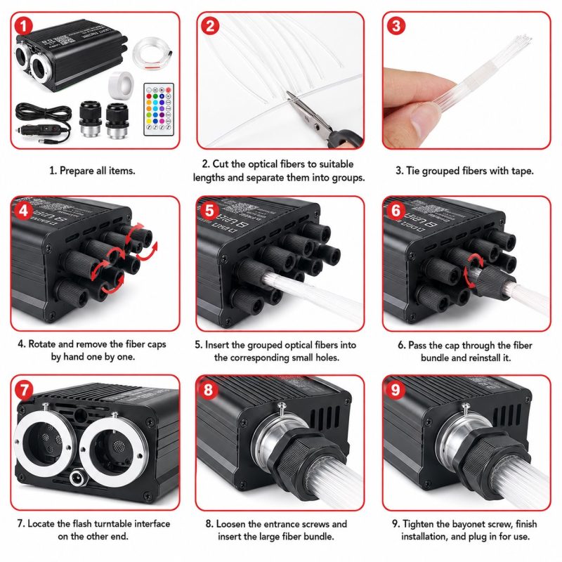 Car starry sky fiber optic ambient light installation steps and fiber connection