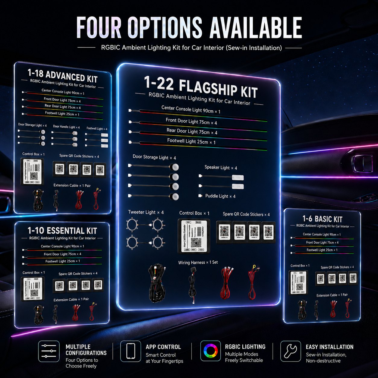 RGBIC car interior ambient light kit comparison with 6-in-1 10-in-1 18-in-1 and 22-in-1 options
