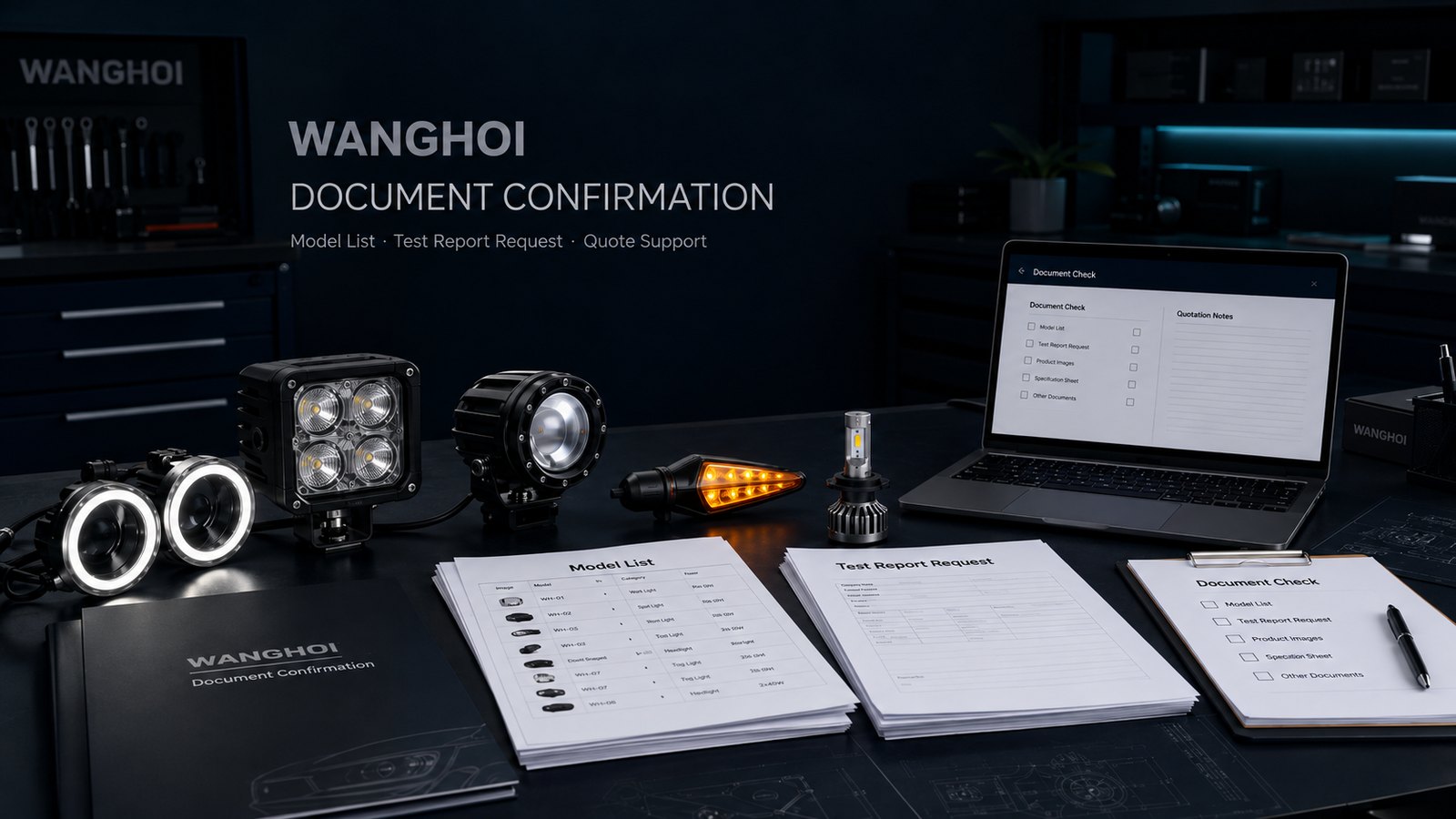 Wanghoi automotive LED lighting document confirmation desk with model list, test report request papers, and sample lights
