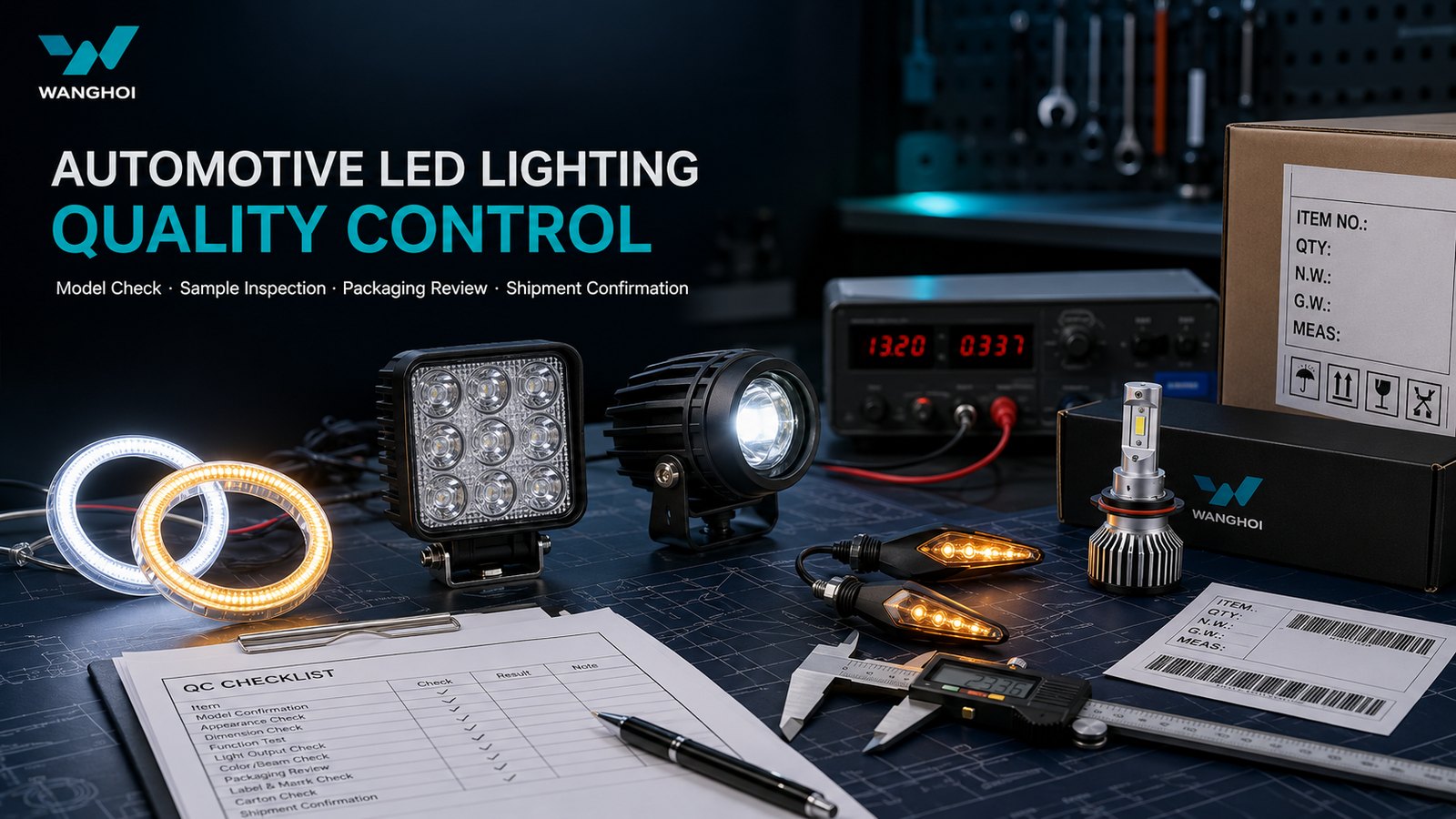 Wanghoi automotive LED lighting quality control inspection desk with sample lights, checklist, caliper, packaging box, and test bench