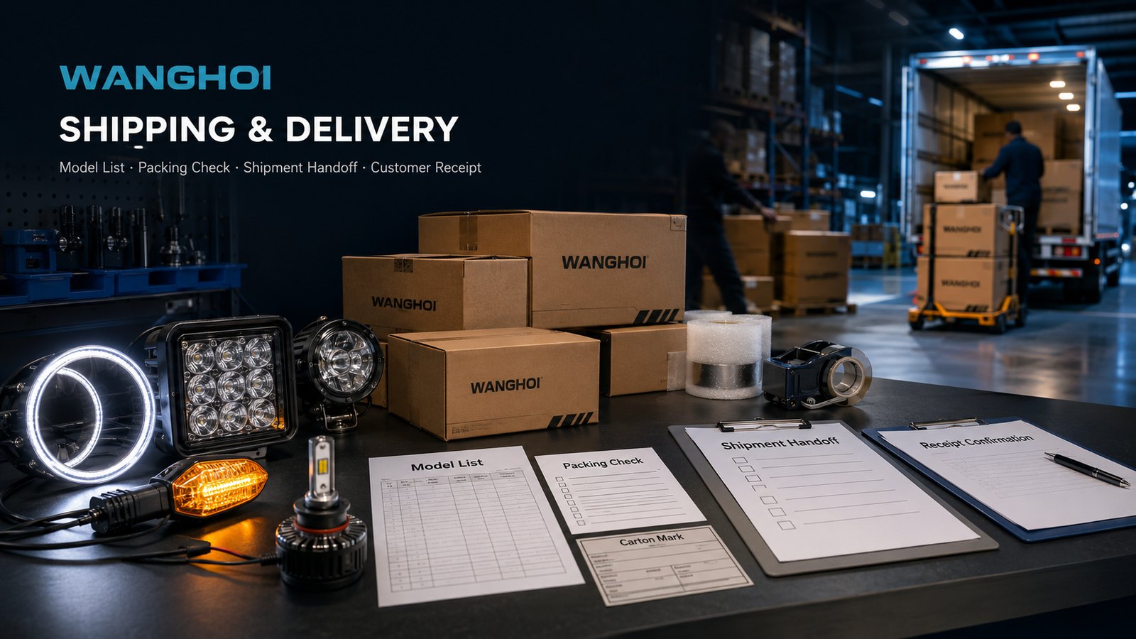 Wanghoi automotive LED lighting shipping and delivery packing desk with cartons, model list, packing check, shipment handoff, and customer receipt