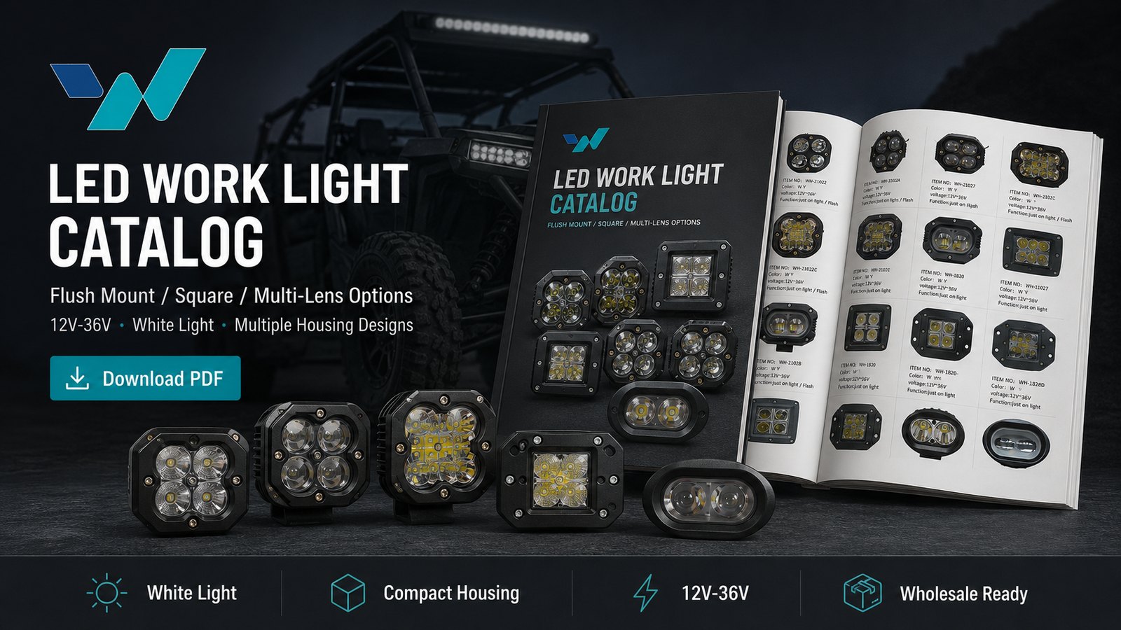 Wanghoi LED work light catalog preview for square flush mount and multi lens sourcing