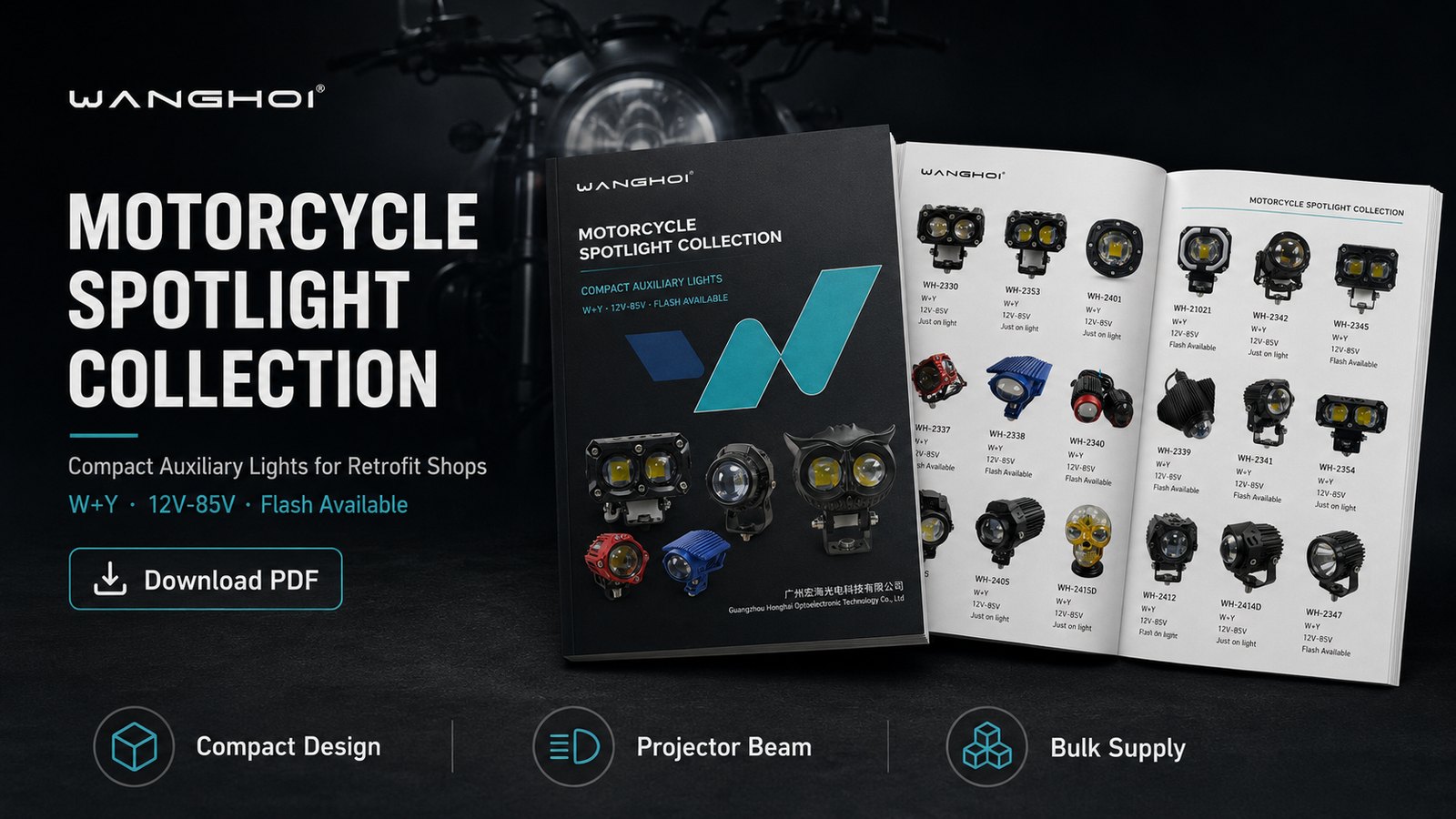 Wanghoi motorcycle spotlight collection catalog preview for compact auxiliary light buyers