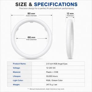 Wh 2840 Rgb Led Angel Eyes Size Specifications Size and specification graphic for WH-2840 RGB LED angel eye ring