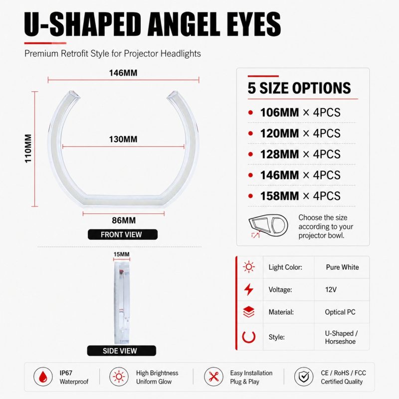 Wh 2867 U Shaped White Angel Eyes 146mm Dimensions