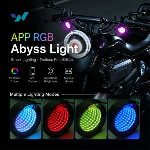 Motorcycle lighting-effect image showing multiple color modes.