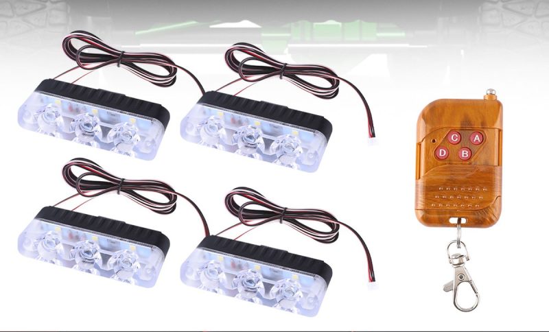 1 To 4 Led Grille Strobe Kit Remote Reference Cropped kit reference showing four lamp heads and handheld remote; vehicle scene removed.