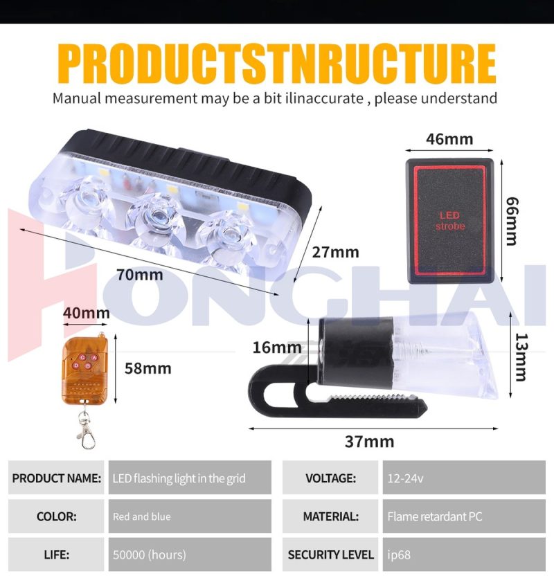 1 To 4 Led Grille Strobe Light Dimensions Specs Source dimension/spec graphic showing lamp, remote, 12-24V, color, material, life, and IP68 wording.