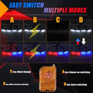 1 To 4 Led Grille Strobe Light Remote Mode Reference Remote-control mode reference showing white, red/blue, always-on, burst, and switching mode wording.
