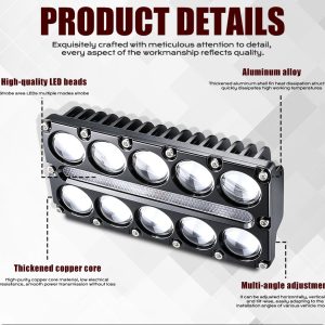 10 Bead Three Row Led Auxiliary Spotlight Details English product-detail graphic showing LED bead, aluminum alloy housing, copper core, and multi-angle adjustment references.