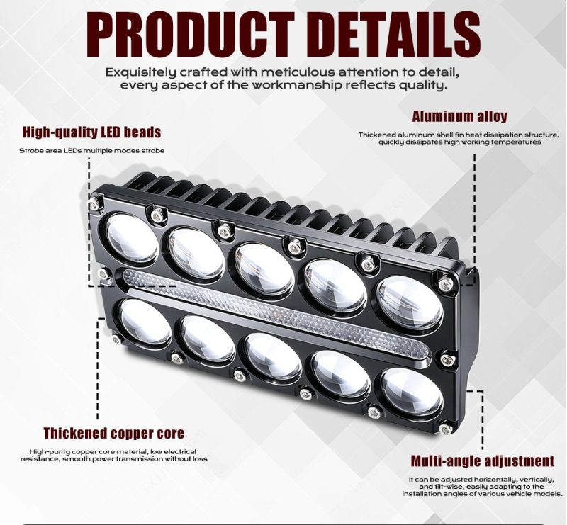 10 Bead Three Row Led Auxiliary Spotlight Details English product-detail graphic showing LED bead, aluminum alloy housing, copper core, and multi-angle adjustment references.