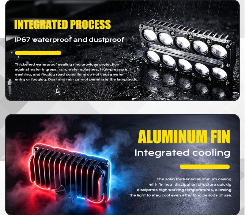 10 Bead Three Row Led Auxiliary Spotlight Ip67 Cooling English source graphic showing IP67 waterproof/dustproof reference and aluminum cooling fin direction.