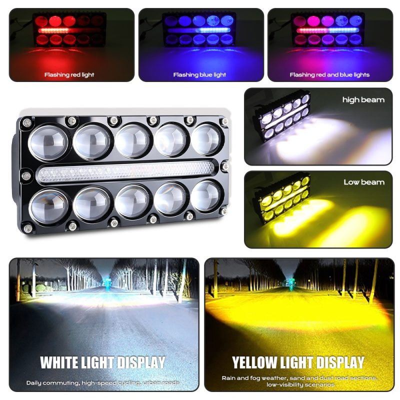 10 Bead Three Row Led Auxiliary Spotlight Light Effects Light-effect reference showing red/blue flashing views plus white and yellow beam display from supplied source image.