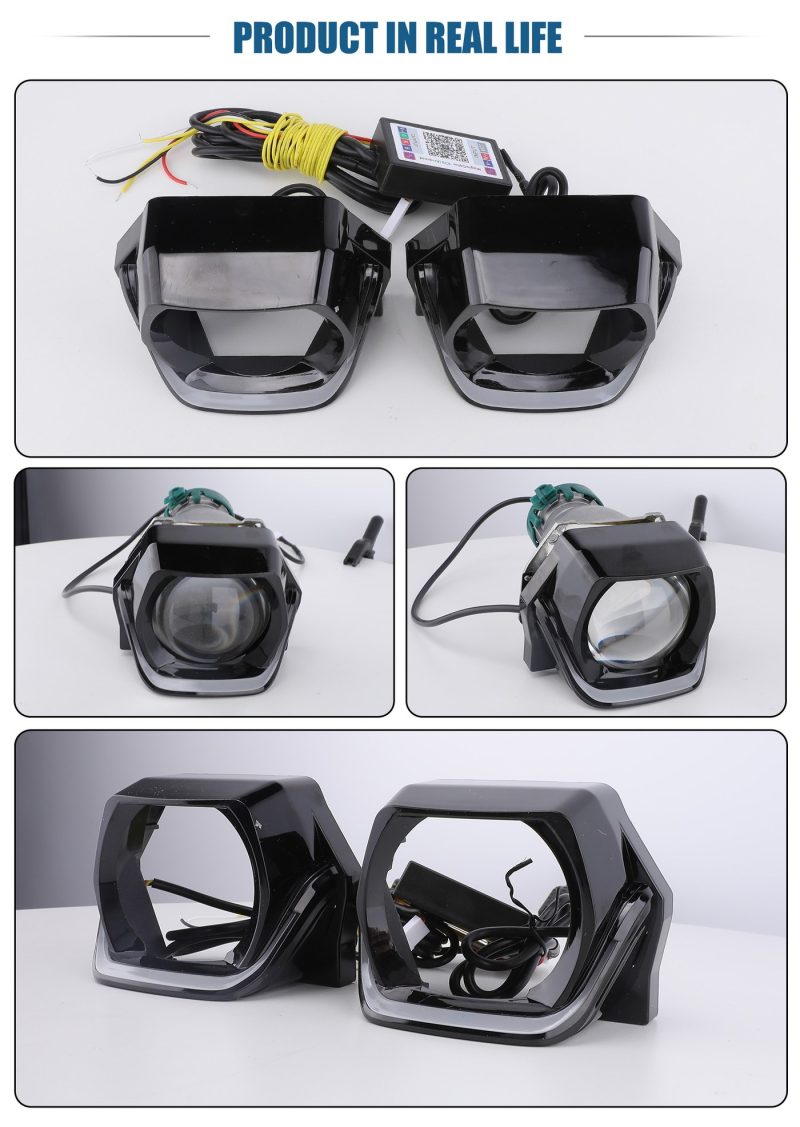 10W Rgb Square Headlight Cover Actual Product Footage Actual product footage composite showing pair, controller, and installed-on-projector references.