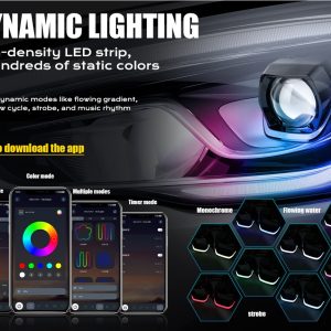 10W Rgb Square Headlight Cover App Rgb Dynamic Modes English source graphic showing app control and RGB dynamic lighting mode references.