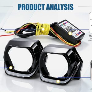 10W Rgb Square Headlight Cover Product Analysis English source detail graphic showing ABS engineering plastic, copper-core wire, LED chip, and app-control references.
