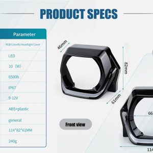10W Rgb Square Headlight Cover Specs Dimensions English source spec graphic showing 10W, 9-12V, ABS + plastic, 114 x 82 x 61 mm, and 240 g references.