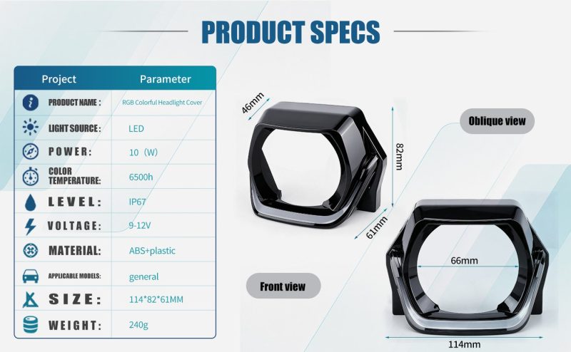 10W Rgb Square Headlight Cover Specs Dimensions English source spec graphic showing 10W, 9-12V, ABS + plastic, 114 x 82 x 61 mm, and 240 g references.