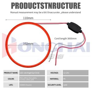 110Mm Seven Color Cob Led Angel Eye Halo Ring Source Specifications Source specification graphic with 110mm/102mm dimensions, 3000mm cord, 12-24V, PC, life, and IP68 wording.