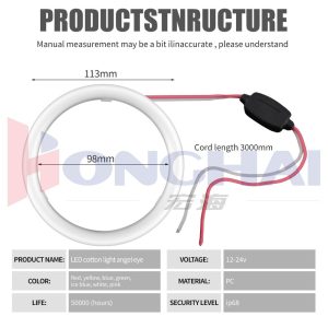 113Mm Cotton Light Led Angel Eye Halo Ring Source Specifications Source specification graphic with 113mm/98mm dimensions, 3000mm cord, 12-24V, PC, life, and IP68 wording.