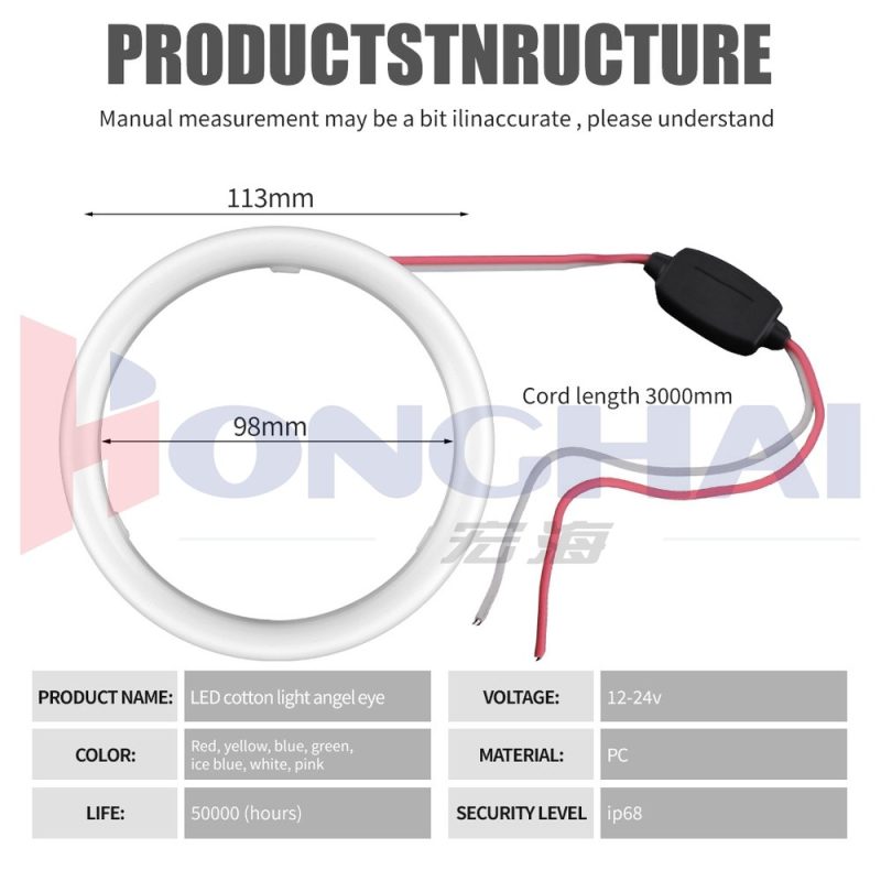 113Mm Cotton Light Led Angel Eye Halo Ring Source Specifications Source specification graphic with 113mm/98mm dimensions, 3000mm cord, 12-24V, PC, life, and IP68 wording.