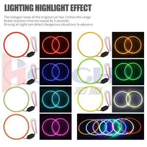 120Mm Seven Color Cob Led Angel Eye Halo Ring Lighting Colors Source graphic showing red, yellow, blue, green, ice blue, white, and pink color references.