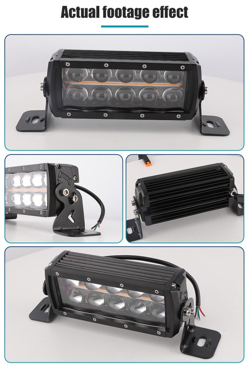 120W Double Row 10 Lens Led Work Light Bar Actual Footage Actual product footage composite showing front, side, rear housing, bracket, and wiring views.