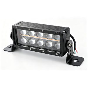 120W Double Row 10 Lens Led Work Light Bar Angled Angled view showing the double-row lens face, side bracket, and wiring.