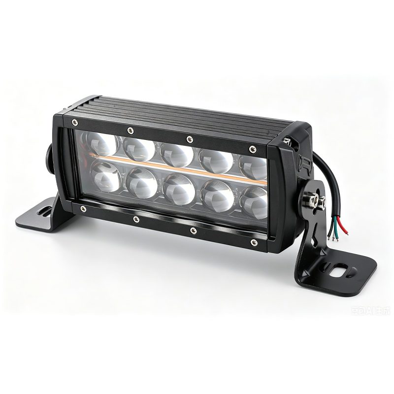 120W Double Row 10 Lens Led Work Light Bar Angled Angled view showing the double-row lens face, side bracket, and wiring.