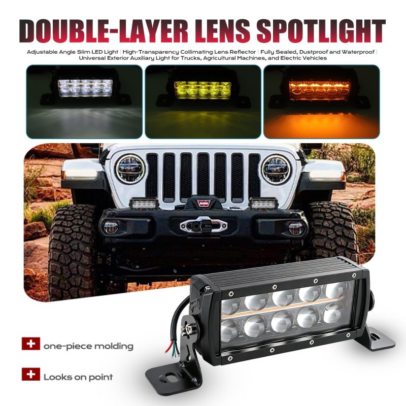 120W Double Row 10 Lens Led Work Light Bar Light Effects Lighting-effect reference showing white, yellow, and amber views from the supplied product image.