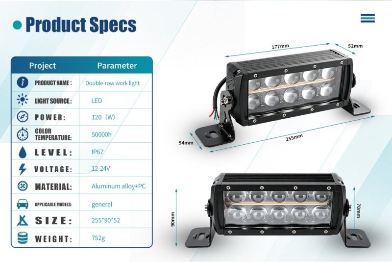 120W Double Row 10 Lens Led Work Light Bar Specs Dimensions English source spec graphic showing 120W, 12-24V, IP67, aluminum alloy + PC, 255 x 90 x 52 mm, and 752 g references.
