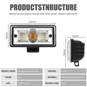 122Mm Long Monocular Lens Led Auxiliary Spotlight Dimensions Specs Source specification graphic showing 122mm width, 60mm front height, 42mm depth, 12-24V, white color, material wording, 50000 hours, and IP68.