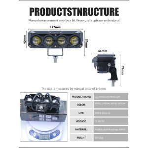 127Mm Intense Lens Led Motorcycle Work Light Specification Supplied specification graphic listing 127mm width, 12-80V reference, material, and weight notes.