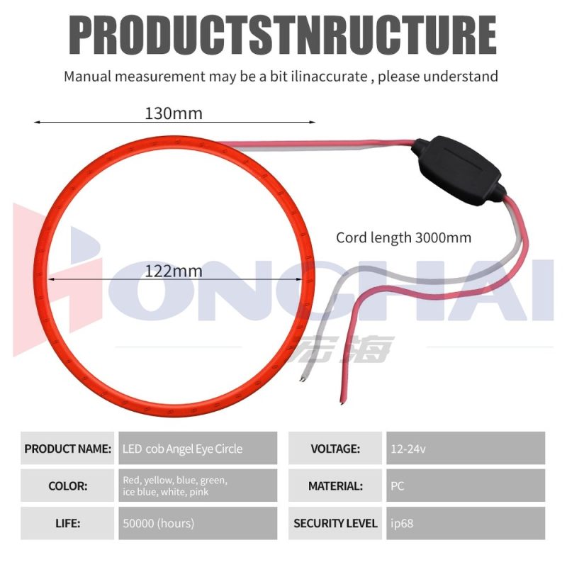 130Mm Seven Color Cob Led Angel Eye Halo Ring Source Specifications Source specification graphic with 130mm/122mm dimensions, 3000mm cord, 12-24V, PC, life, and IP68 wording.