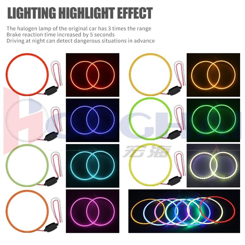 140Mm Seven Color Cob Led Angel Eye Halo Ring Lighting Colors Source graphic showing red, yellow, blue, green, ice blue, white, and pink color references.