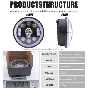 145Mm Led Colorful Skull Headlight Specifications Dimensions Source specification graphic showing 12-24V, white/yellow/white-yellow references, aluminum plate + PC, 50,000-hour life reference, 145mm front size,