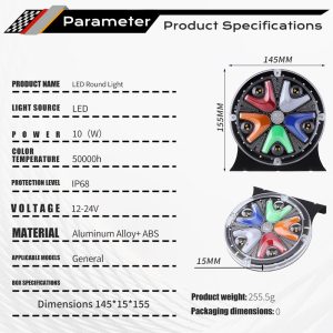 145Mm Round Seven Color Led Rear Tail Warning Light Source Specifications Source parameter graphic with dimensions, voltage, material, power, weight, and protection wording.