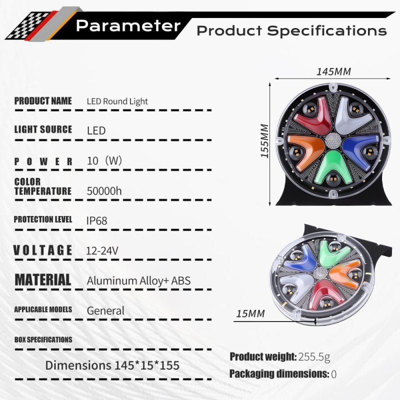 145Mm Round Seven Color Led Rear Tail Warning Light Source Specifications Source parameter graphic with dimensions, voltage, material, power, weight, and protection wording.