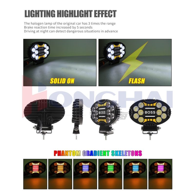 146Mm Oval Led Angel Eye 8020 2 Work Light Lighting Effect Lighting-effect source graphic showing solid, flash, and phantom-color references.