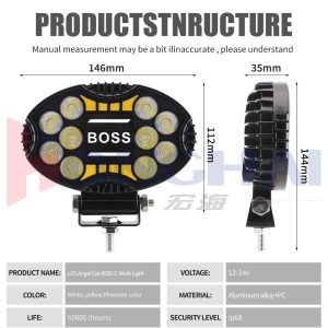 146Mm Oval Led Angel Eye 8020 2 Work Light Source Specifications Source specifications with dimensions, voltage, material, color, life, and IP68 wording.