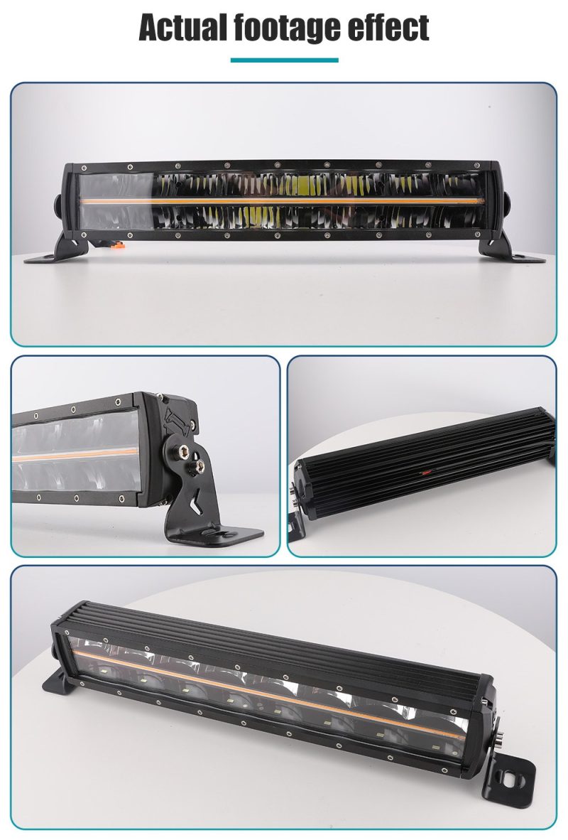150W Double Row Long Led Work Light Bar Actual Footage Actual product footage composite showing front, side, rear housing, bracket, and wiring views.