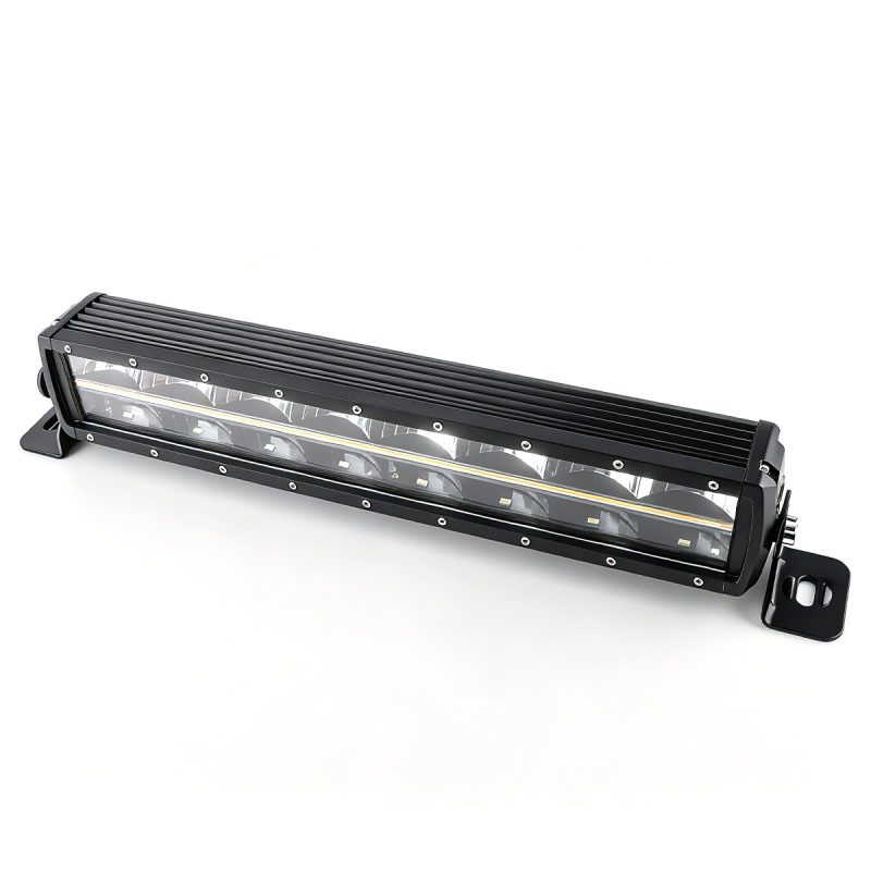 150W Double Row Long Led Work Light Bar Angled Angled view showing the long double-row optical face, side bracket, and wiring.