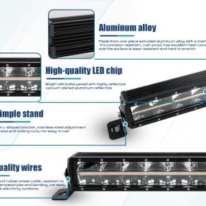 150W Double Row Long Led Work Light Bar Product Details English detail graphic showing aluminum alloy housing, LED chip reference, simple stand, and wiring references.