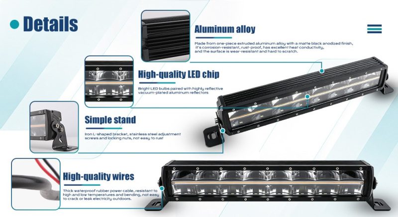 150W Double Row Long Led Work Light Bar Product Details English detail graphic showing aluminum alloy housing, LED chip reference, simple stand, and wiring references.